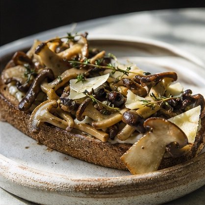 Woodland mushrooms and shaved cheese on sourdough toast